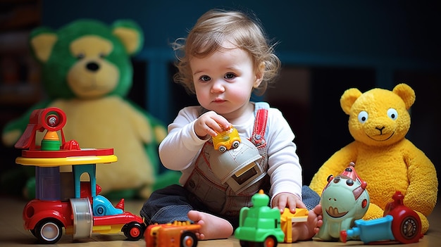 Foto de niños felices jugando con bloques y juguetes.