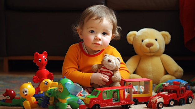 Foto de niños felices jugando con bloques y juguetes.