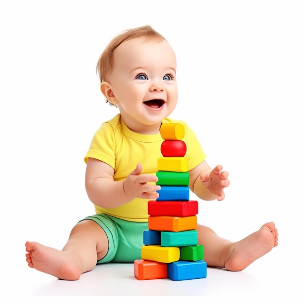 Foto de niños felices jugando con bloques y juguetes.