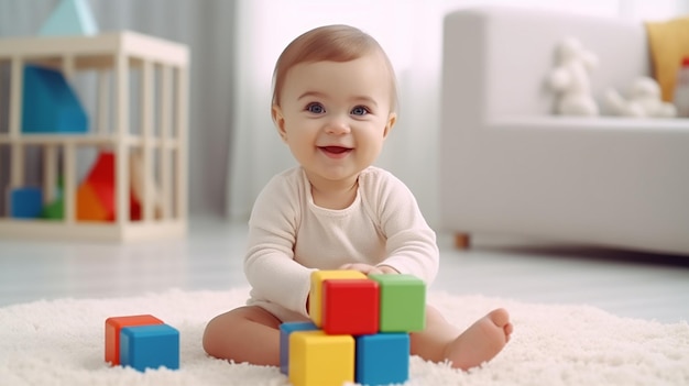 Foto de niños felices jugando con bloques y juguetes.