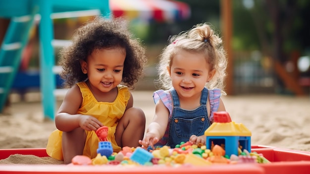 Foto de niños felices jugando con bloques y juguetes.