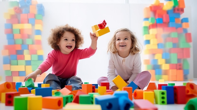 Foto de niños jugando con bloques de construcción.