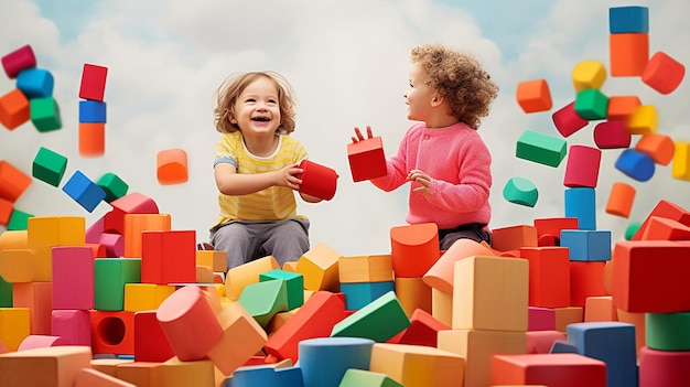 Foto de niños jugando con bloques de construcción.