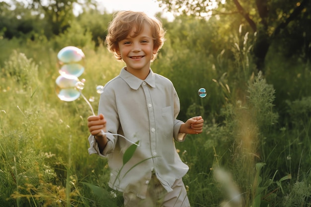 Foto de niños jugando pompas de jabón.