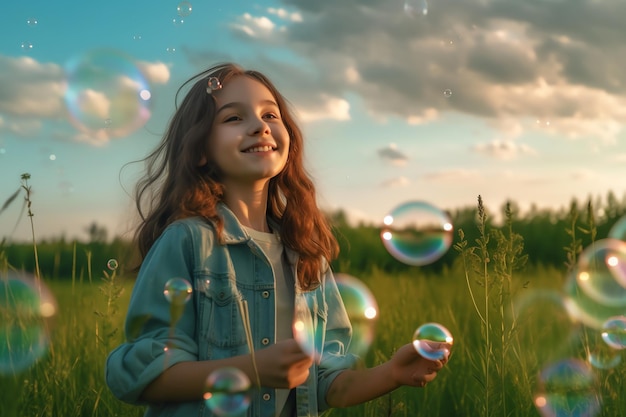 Foto de niños jugando pompas de jabón.