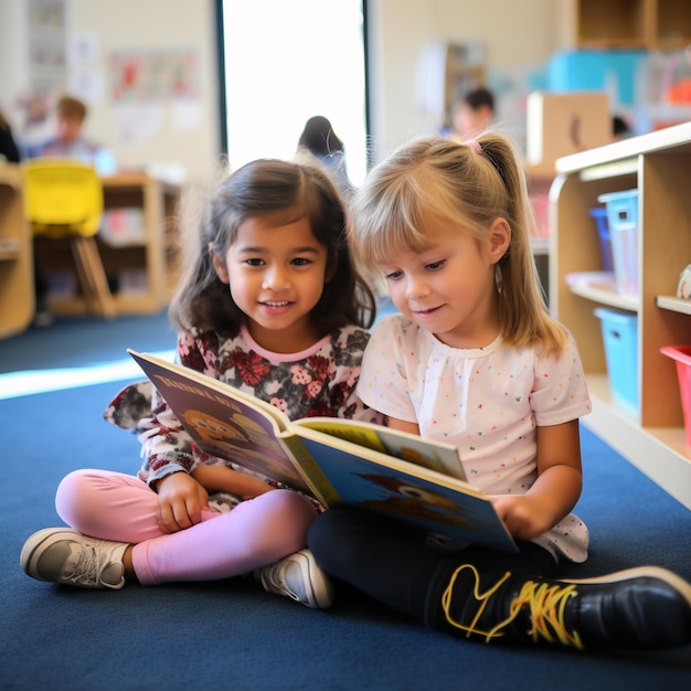 Foto foto de niños leyendo un libro juntos en el aula