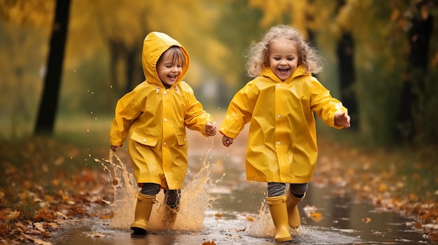 Foto de niños lindos y divertidos jugando y corriendo en un día lluvioso con clima lluvioso