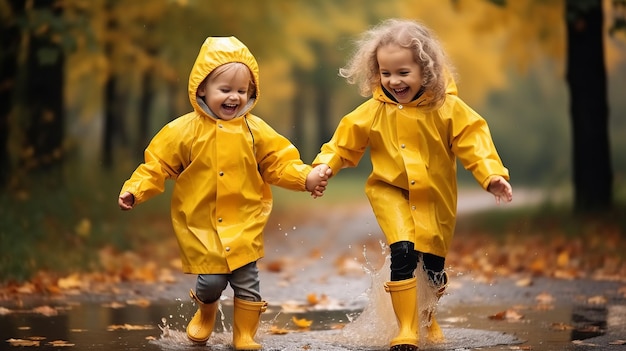 Foto de niños lindos y divertidos jugando y corriendo en un día lluvioso con clima lluvioso