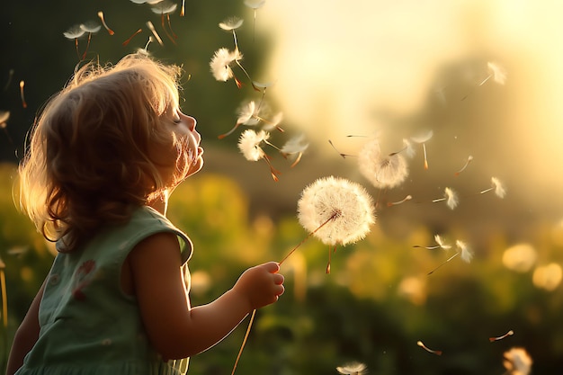 Foto de niños soplando semillas de diente de león en el viento