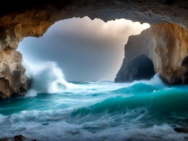 Foto a nivel del mar de la cueva en la mañana tormentosa con enormes olas Grecia AI_Generated