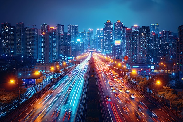 Foto foto nocturna de una carretera llena de coches con larga exposición