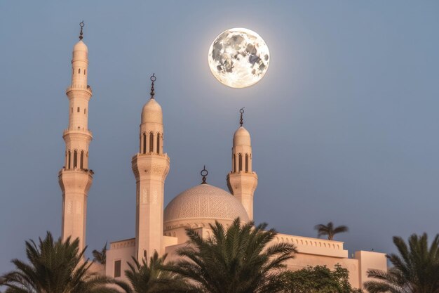 Una foto nocturna de una mezquita islámica con una luna