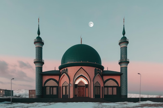 Una foto nocturna de una mezquita islámica con una luna