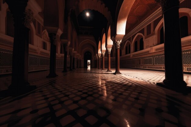 Una foto nocturna de una mezquita islámica con una luna