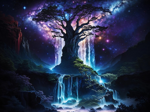 Foto noite de fantasia futurista com árvore mágica