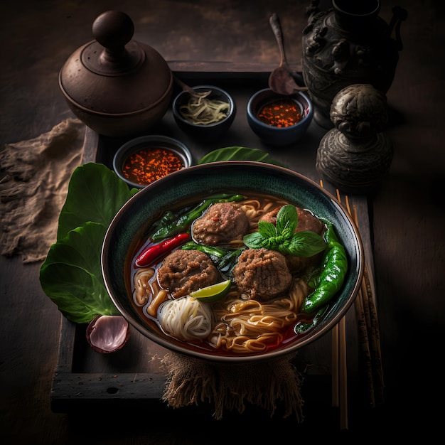 foto nudeln mit schweinefleisch und schweinefleischbällchen, chilipaste mit suppe nach thailändischer art und gemüse. Bootsnudeln