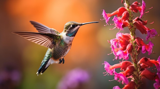 Foto foto o colibri voa em direção à flor