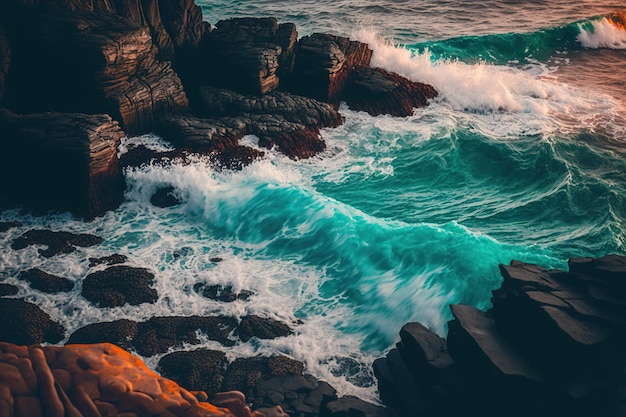 Una foto del océano y las rocas con las palabras "océano"