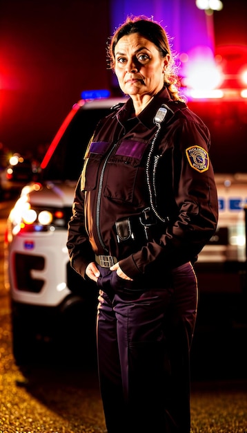Foto de un oficial de policía de mediana edad de pie frente a un coche de policía por la noche con luz trasera generativa AI
