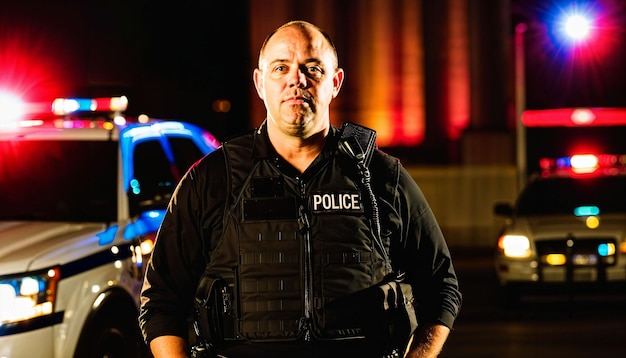 Foto de un oficial de policía de mediana edad de pie frente a un coche de policía por la noche con luz trasera generativa AI