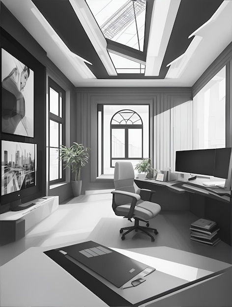 Foto de una oficina en casa minimalista en blanco y negro.