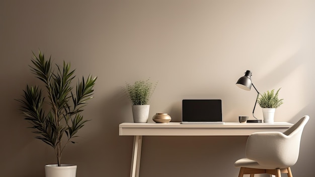 Una foto de una oficina en casa con una sola planta, luz suave y difusa.