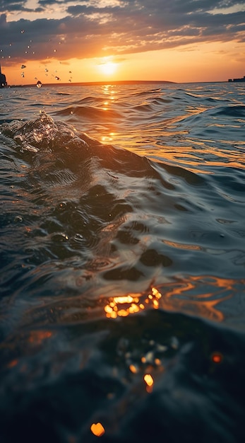 Una foto de una ola con la puesta de sol en el horizonte