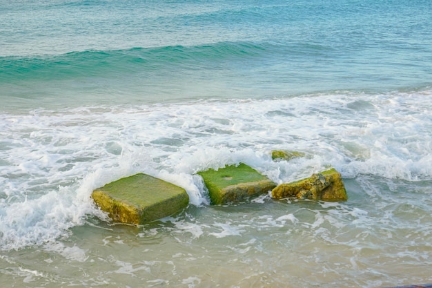 Una foto de una ola rompiendo en una playa con un bloque verde que dice "mar".