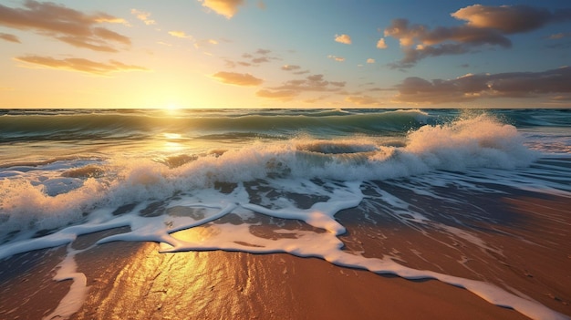 Una foto de las olas al atardecer en una playa de arena