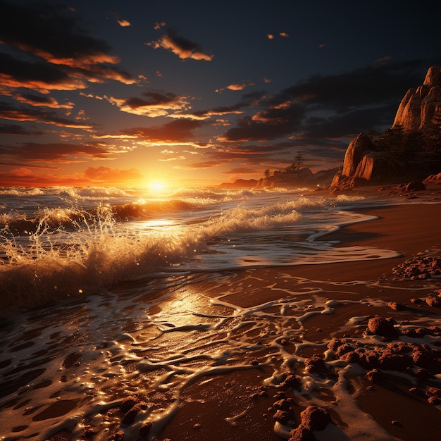 foto Olas en una playa de arena anillo iluminación puesta de sol