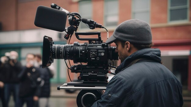 Una foto de un operador de cámara de video filmando un documental