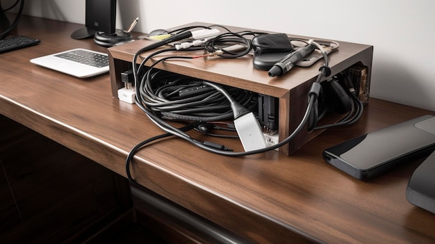 Una foto de un organizador de cables de escritorio funcional para mantener  los cables ordenados y sin enredos