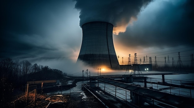 Una foto oscura de una planta de energía nuclear con humo saliendo de la parte superior.