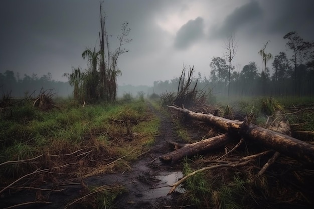 Una foto oscura y sombría de un bosque con un árbol caído en primer plano.