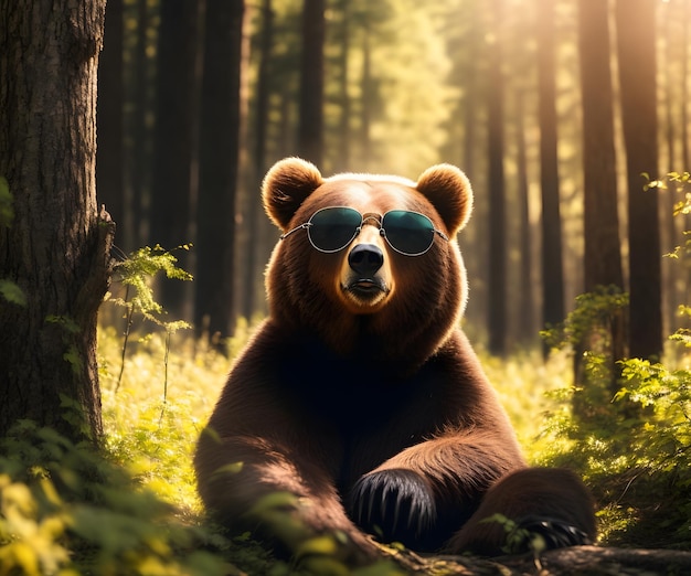 Foto de oso con gafas de sol en el bosque generativo ai