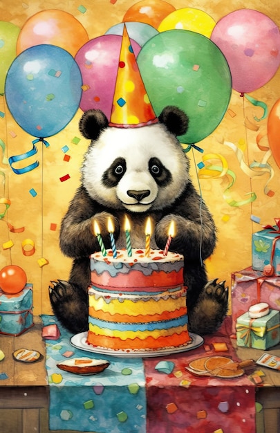 una foto de un oso panda con un pastel de cumpleaños