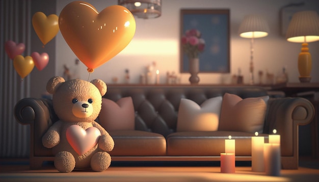 Una foto de un oso de peluche sosteniendo un globo con un corazón afilado y velas acogedoras en el fondo de la sala de estar 3D Rendering