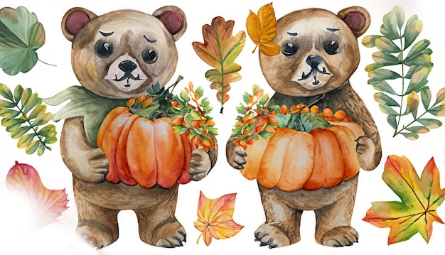 Foto oso sosteniendo calabaza con plantas de otoño y hojas pintadas en acuarela sobre un blanco es