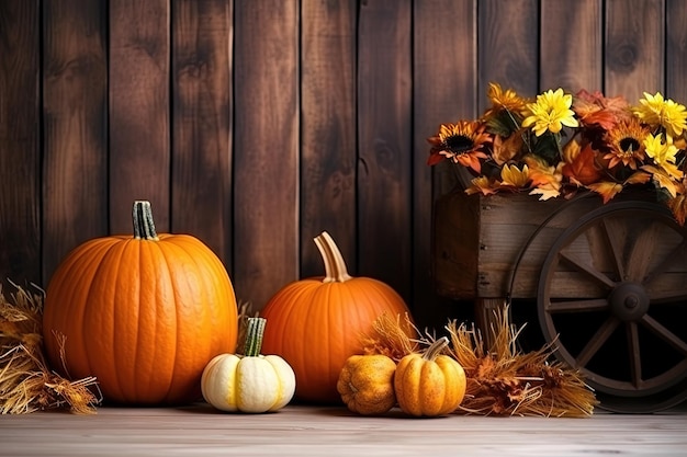 Foto de otoño de alta calidad con calabazas y podios para el tema de Halloween con espacio libre para tex