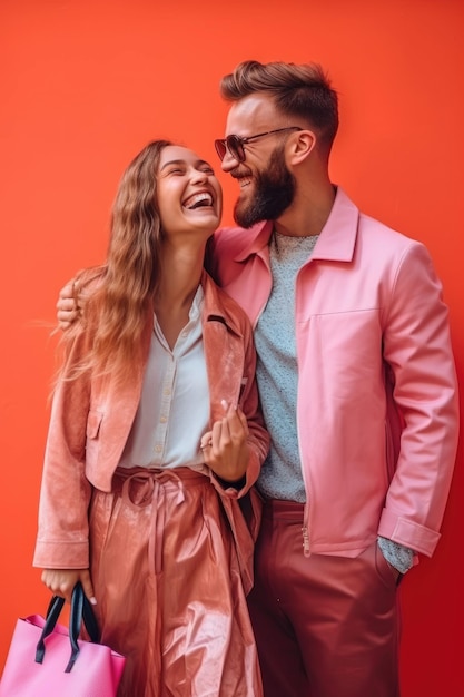 Foto Paar Mode rosa Hintergrund Einkaufstasche lächelnd glücklicher Sommer