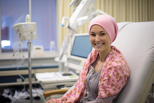 Foto foto de un paciente con cáncer sonriendo en la sala de tratamiento ia generativa
