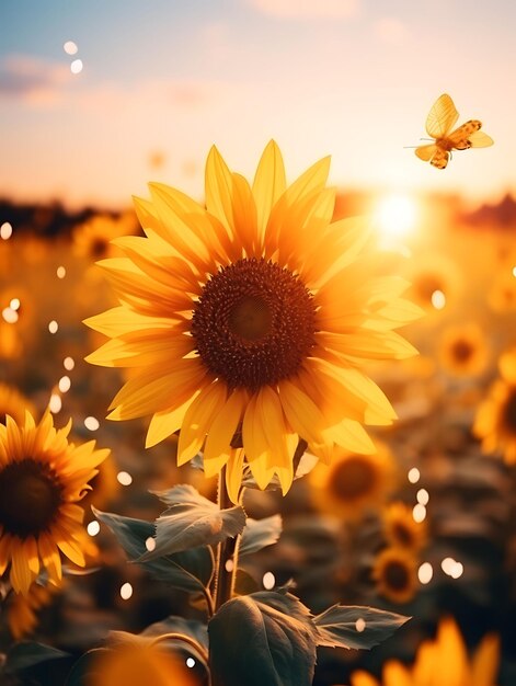 Foto del pacífico campo de girasoles en la hora dorada con las abejas zumbando un paisaje pacífico tranquilo