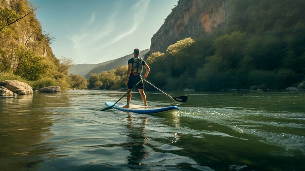 Una foto de un paddleboarder disfrutando de una aventura en el río