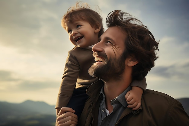 Foto de un padre y un hijo felices posando al aire libre y copiando espacio