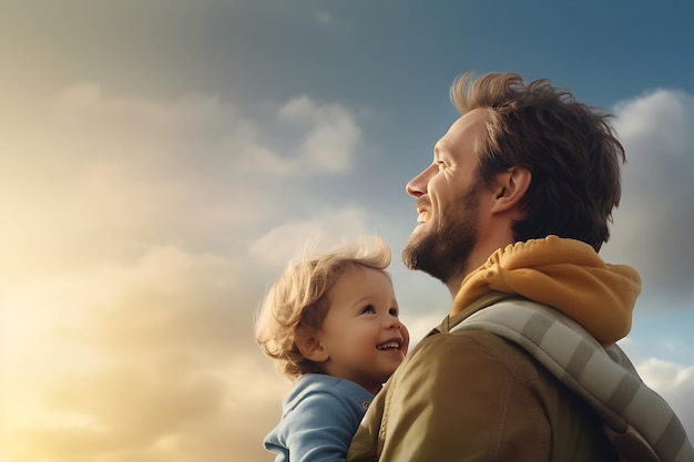 Foto de un padre y un hijo felices posando al aire libre y copiando espacio