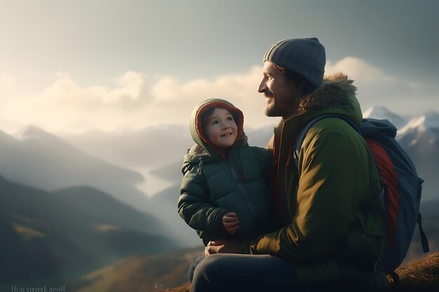 Foto de un padre y un hijo felices posando al aire libre y copiando espacio