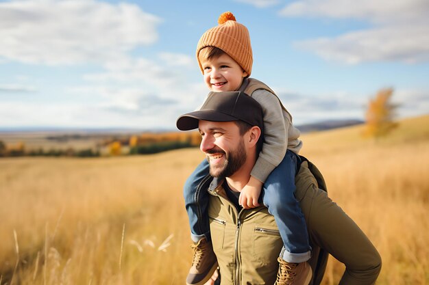 Foto foto de un padre y un hijo felices posando al aire libre y copiando espacio