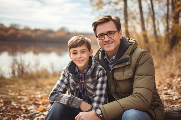 Foto de un padre y un hijo felices posando al aire libre y copiando espacio