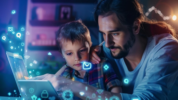 Foto de un padre y un hijo sentados uno al lado del otro participando juntos en una actividad digital