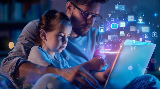 Foto de un padre y un hijo sentados uno al lado del otro participando juntos en una actividad digital